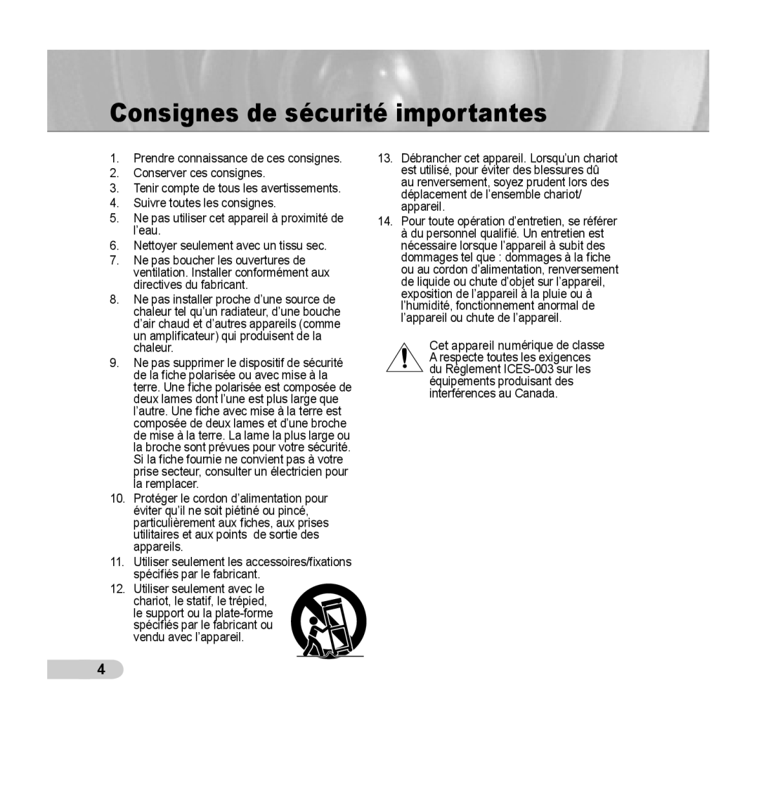 Samsung SCC-B5395P, SCC-B5394P, SCC-B5395N manual Consignes de sécurité importantes 