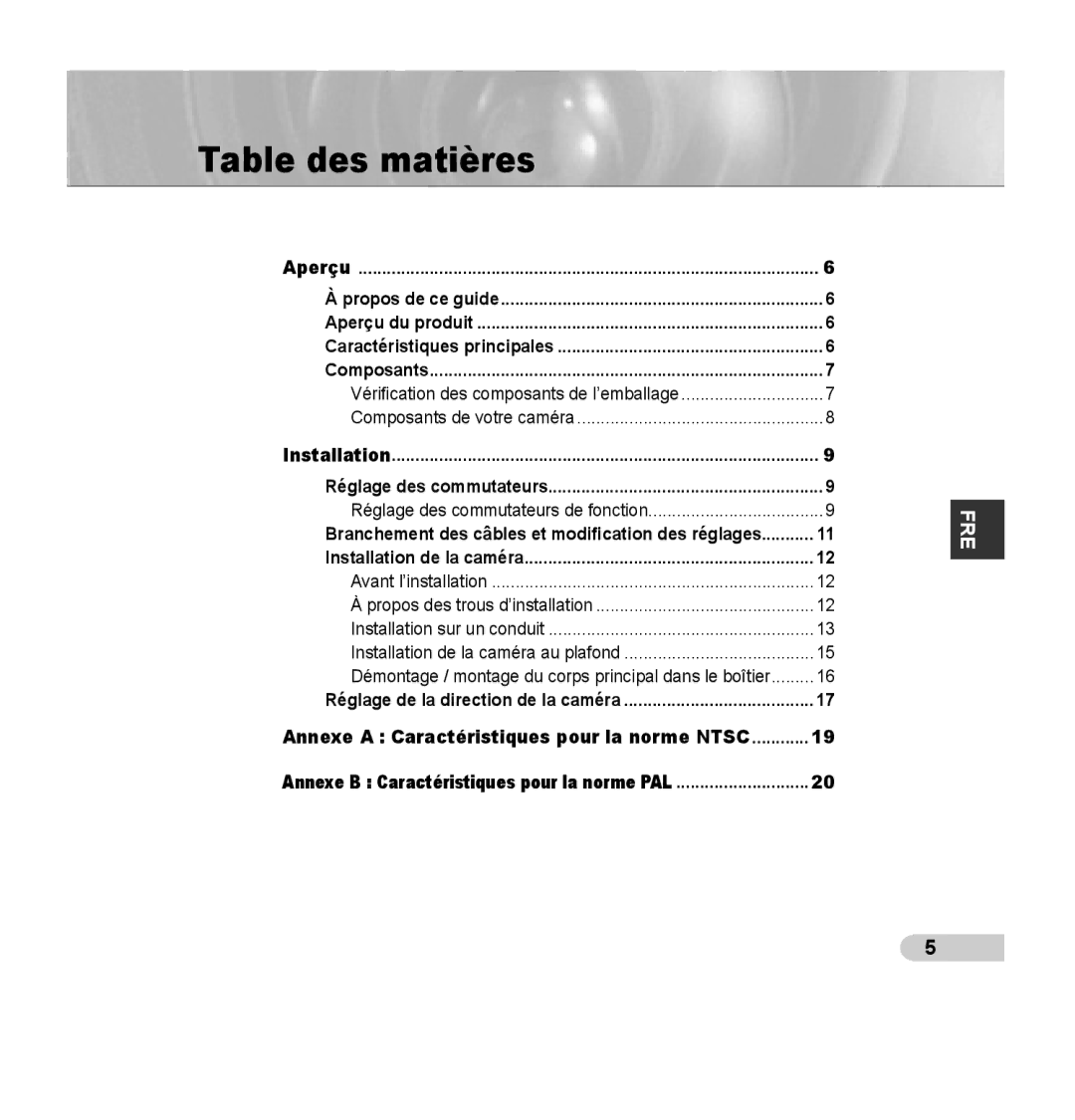 Samsung SCC-B5395N, SCC-B5394P, SCC-B5395P manual Table des matières, Propos de ce guide, Réglage des commutateurs 