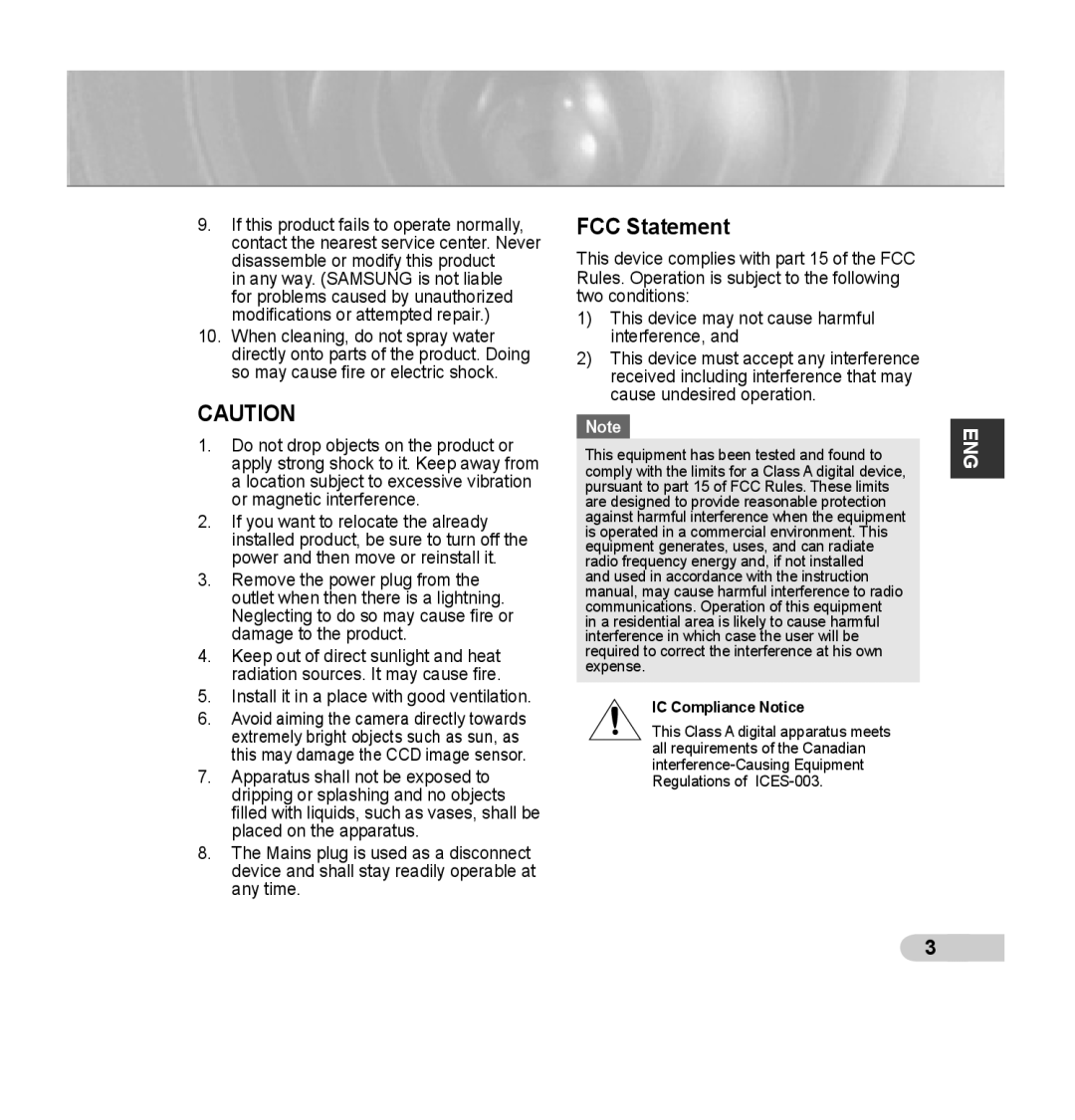 Samsung SCC-B5394P, SCC-B5395P, SCC-B5395N manual FCC Statement, IC Compliance Notice 