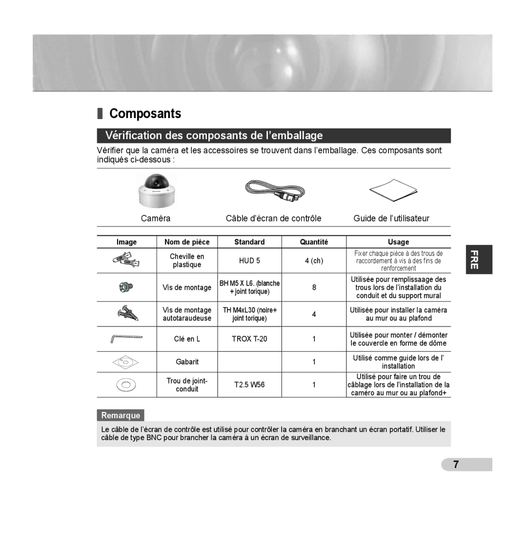 Samsung SCC-B5395P, SCC-B5394P, SCC-B5395N manual Composants, Vériﬁcation des composants de l’emballage 