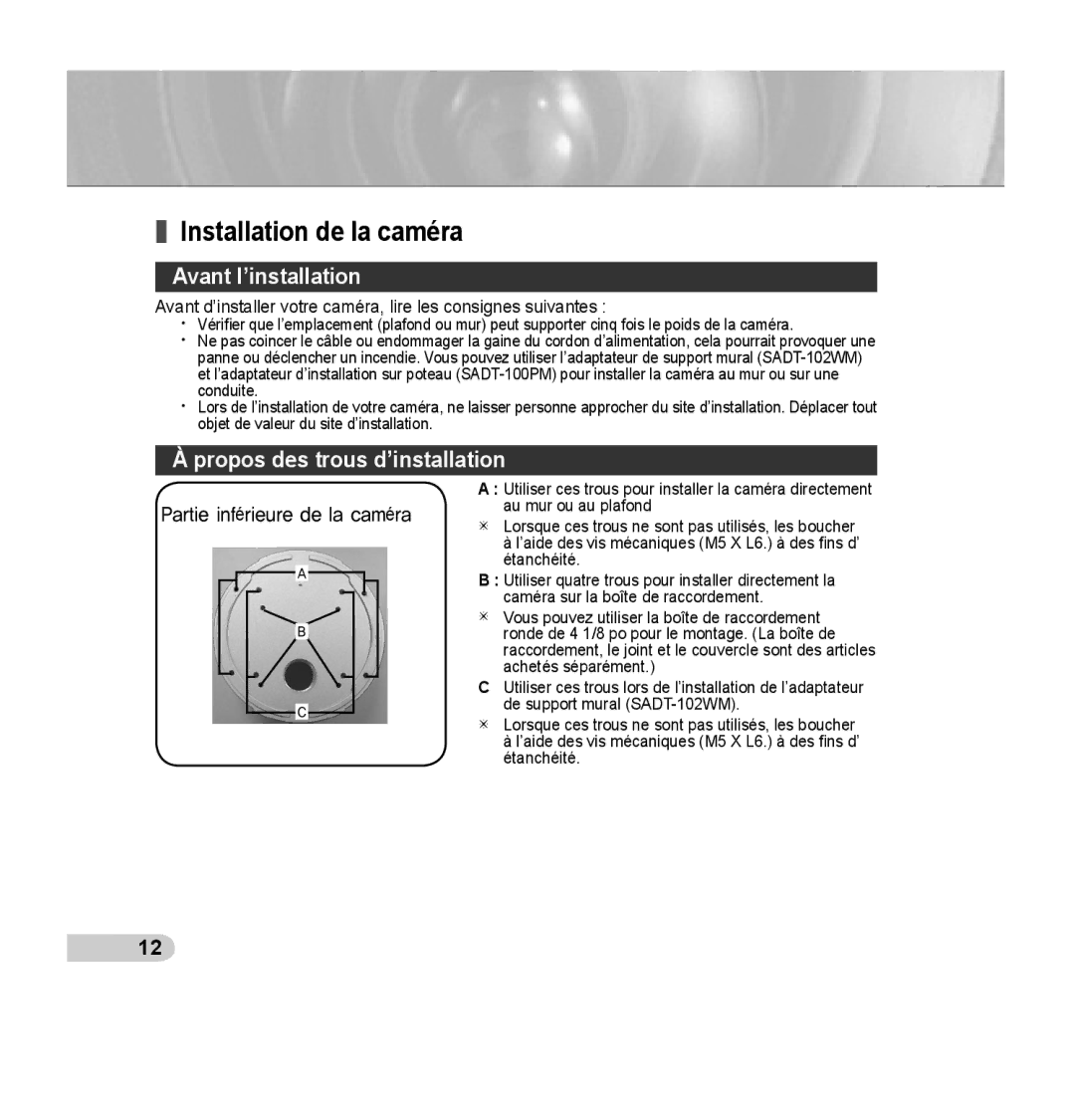 Samsung SCC-B5394P, SCC-B5395P, SCC-B5395N Installation de la caméra, Avant l’installation, Propos des trous d’installation 