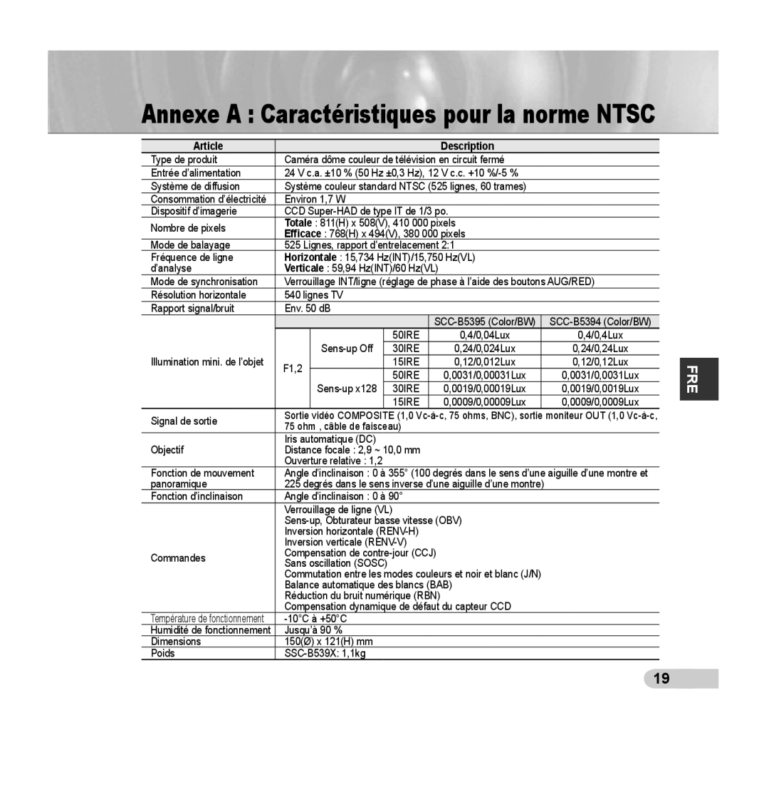 Samsung SCC-B5395P, SCC-B5394P, SCC-B5395N manual Annexe a Caractéristiques pour la norme Ntsc, Article Description 