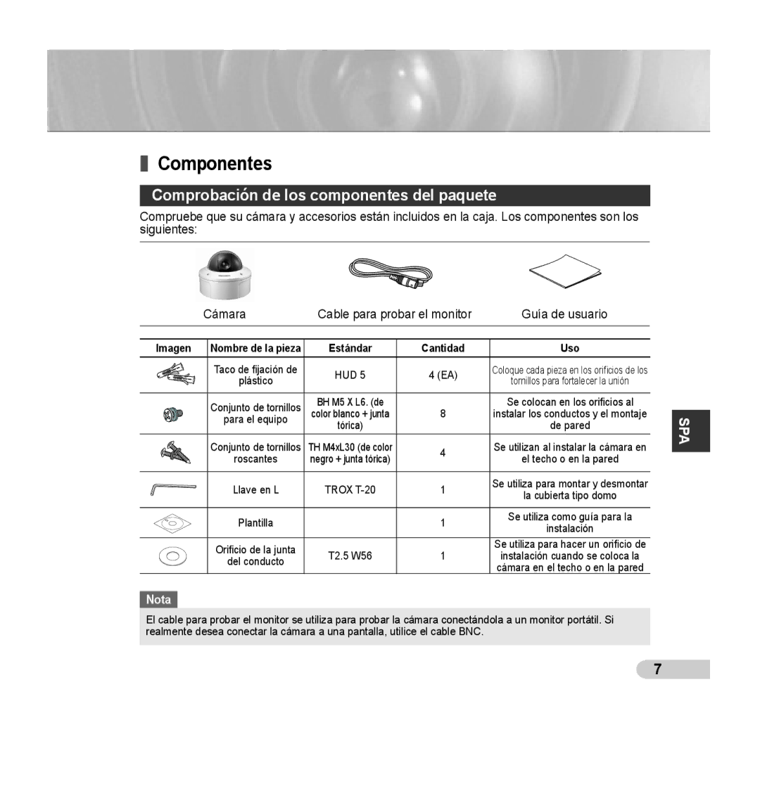 Samsung SCC-B5395N, SCC-B5394P, SCC-B5395P manual Componentes, Comprobación de los componentes del paquete, Imagen 