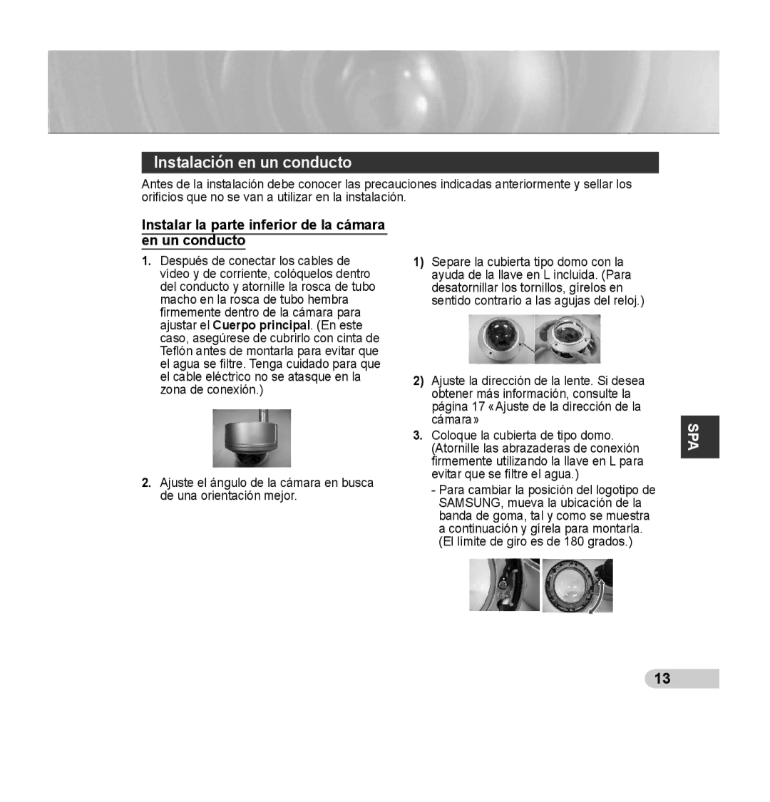 Samsung SCC-B5395N, SCC-B5394P manual Instalación en un conducto, Instalar la parte inferior de la cámara en un conducto 