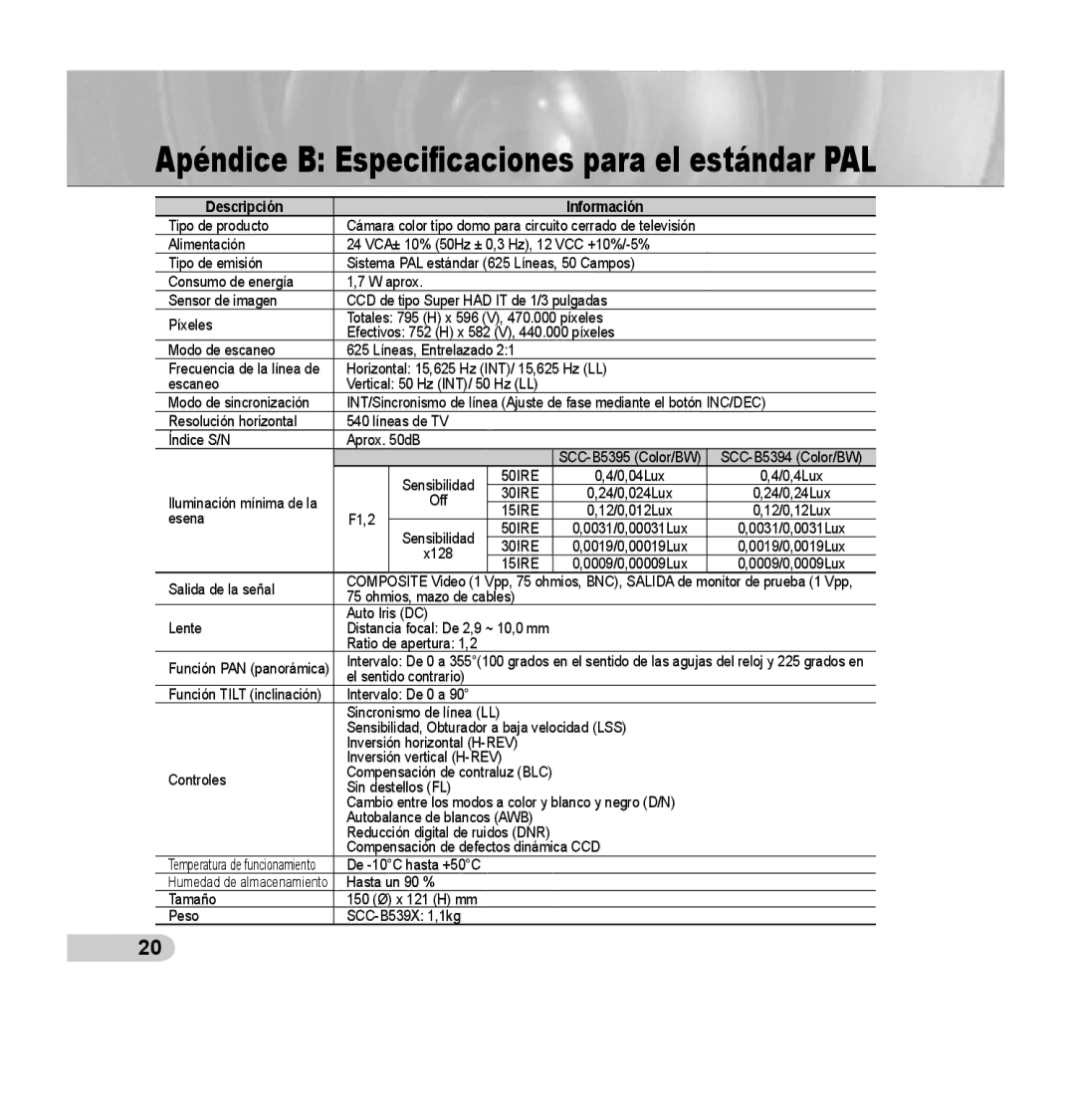 Samsung SCC-B5394P, SCC-B5395P, SCC-B5395N manual Apéndice B Especiﬁcaciones para el estándar PAL 