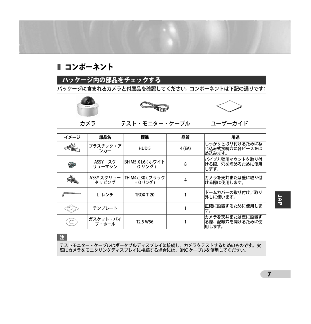 Samsung SCC-B5394P, SCC-B5395P, SCC-B5395N manual コンポーネント 