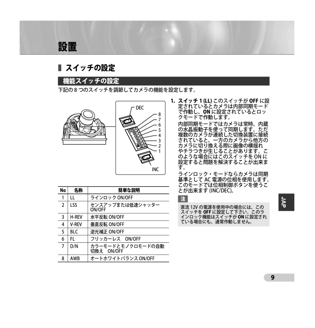 Samsung SCC-B5395N, SCC-B5394P, SCC-B5395P manual スイッチの設定, スイッチ 1 LL このスイッチが OFF に設 