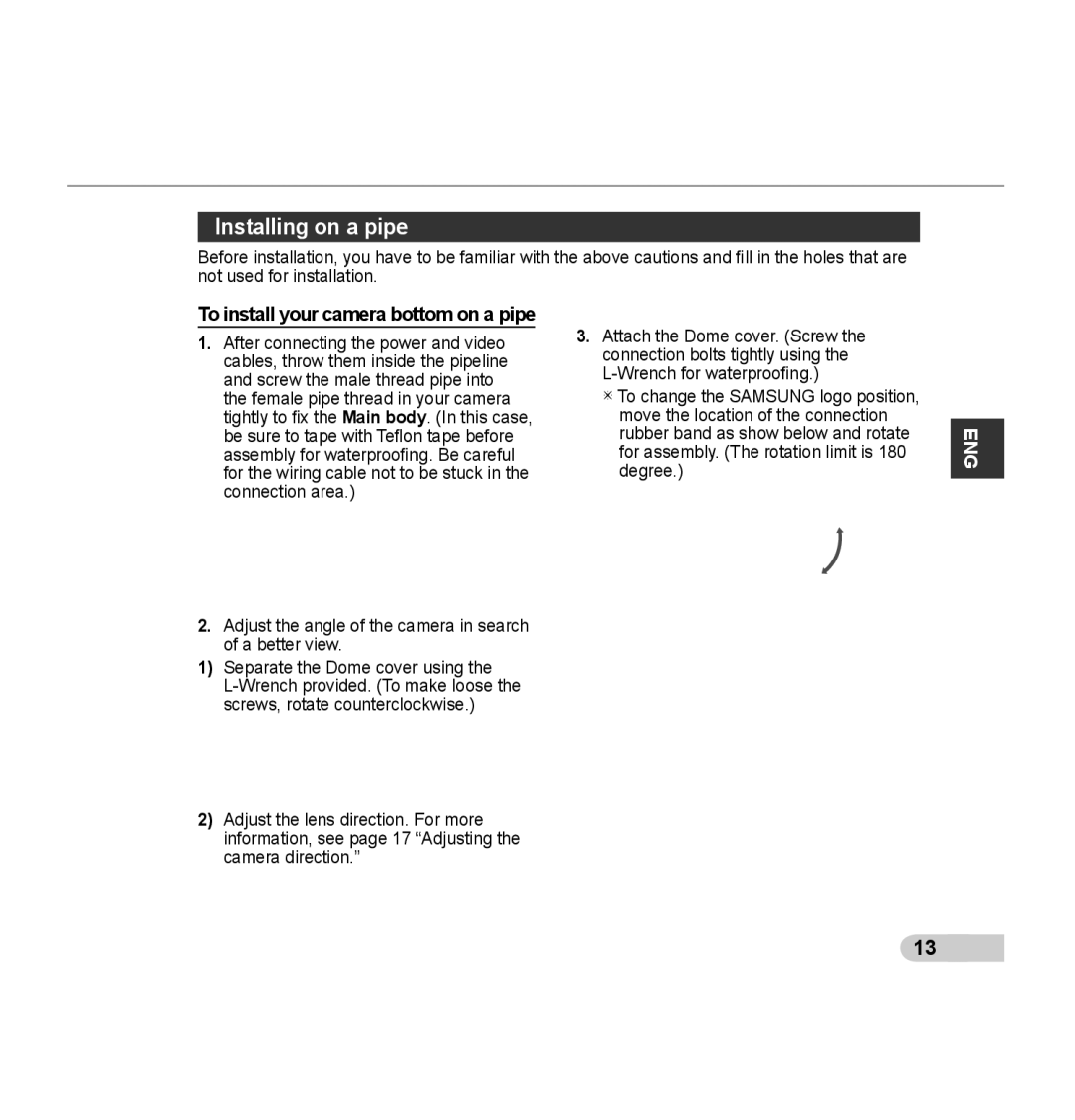 Samsung SCC-B5395P, SCC-B5394P, SCC-B5395N manual Installing on a pipe, To install your camera bottom on a pipe 