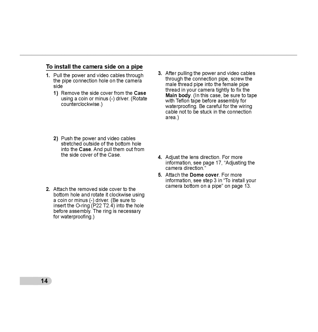 Samsung SCC-B5395N, SCC-B5394P, SCC-B5395P manual To install the camera side on a pipe 