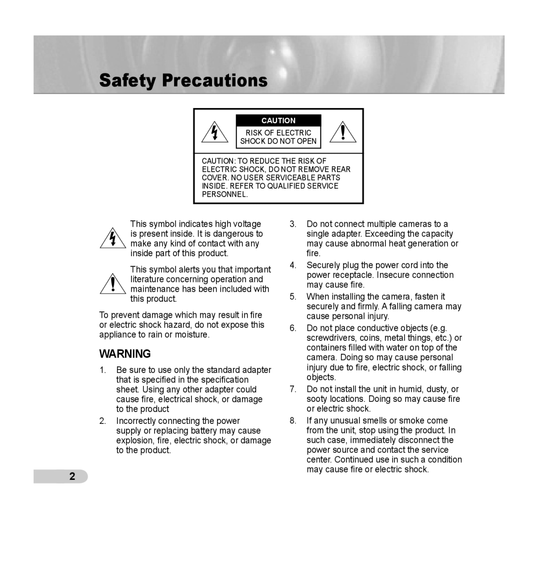 Samsung SCC-B5395N, SCC-B5394P, SCC-B5395P manual Safety Precautions 