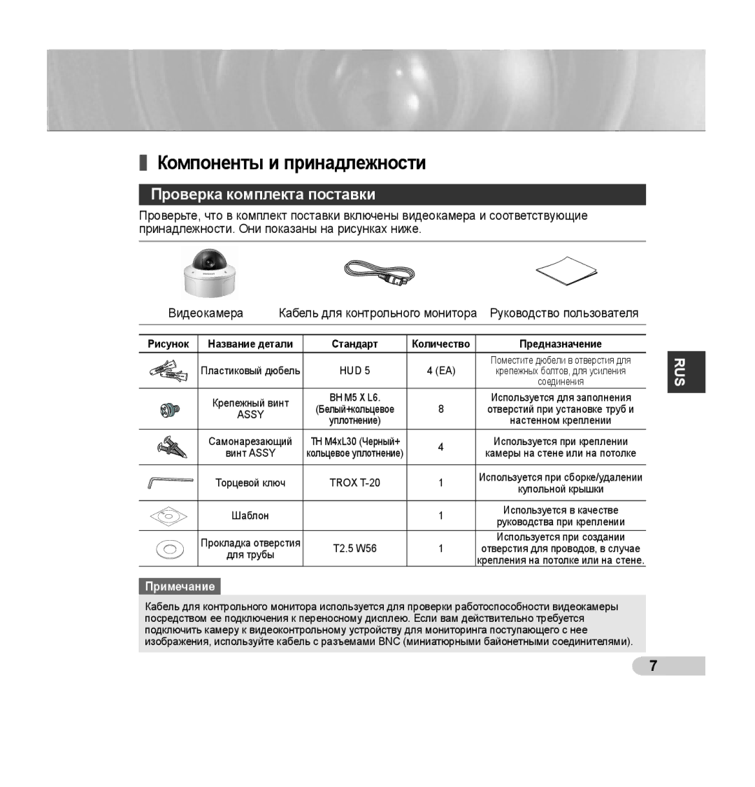 Samsung SCC-B5395N, SCC-B5394P, SCC-B5395P manual Компоненты и принадлежности, Проверка комплекта поставки, Рисунок 