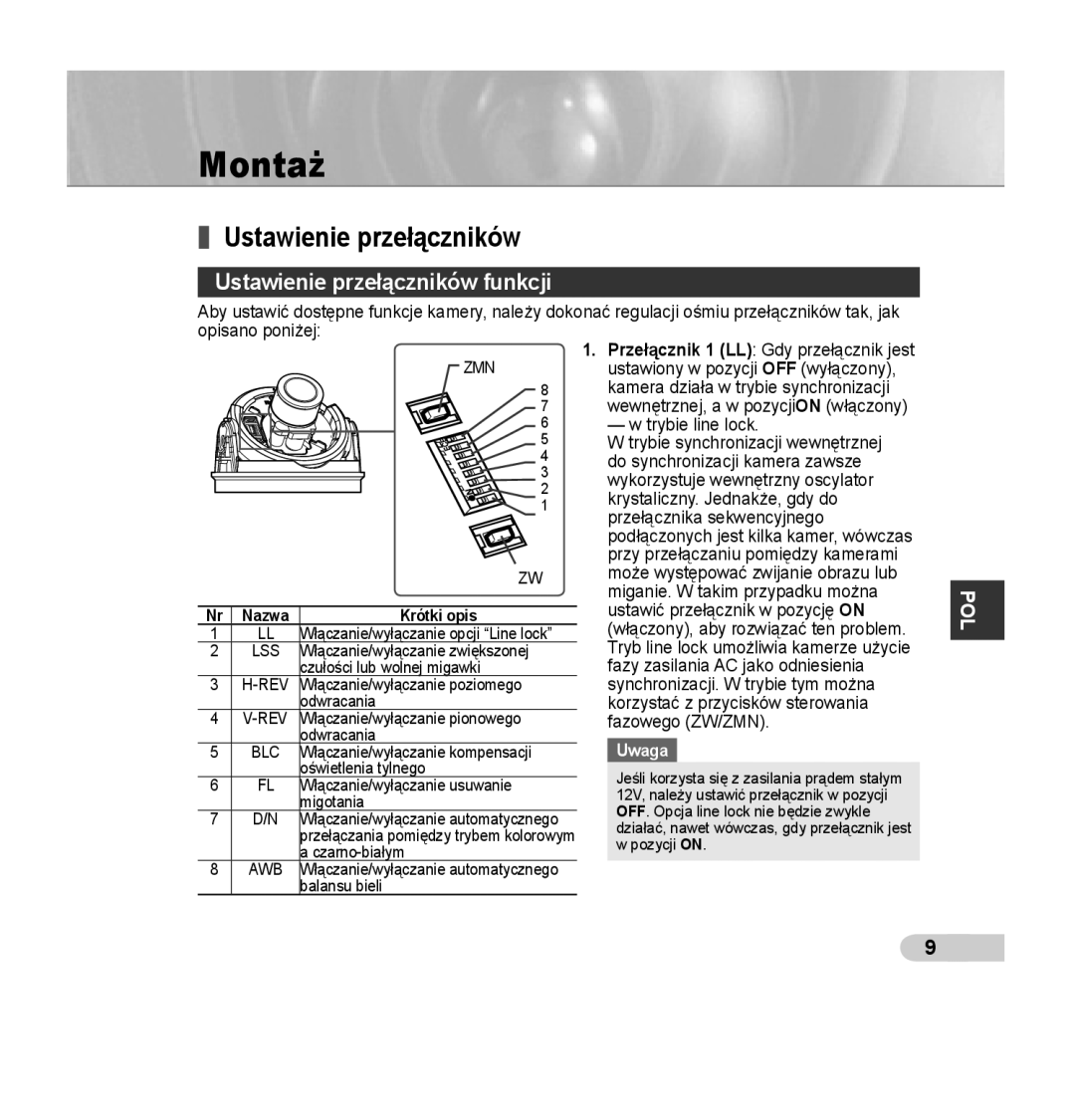 Samsung SCC-B5395N, SCC-B5394P, SCC-B5395P manual Montaż, Ustawienie przełączników funkcji, Krótki opis 