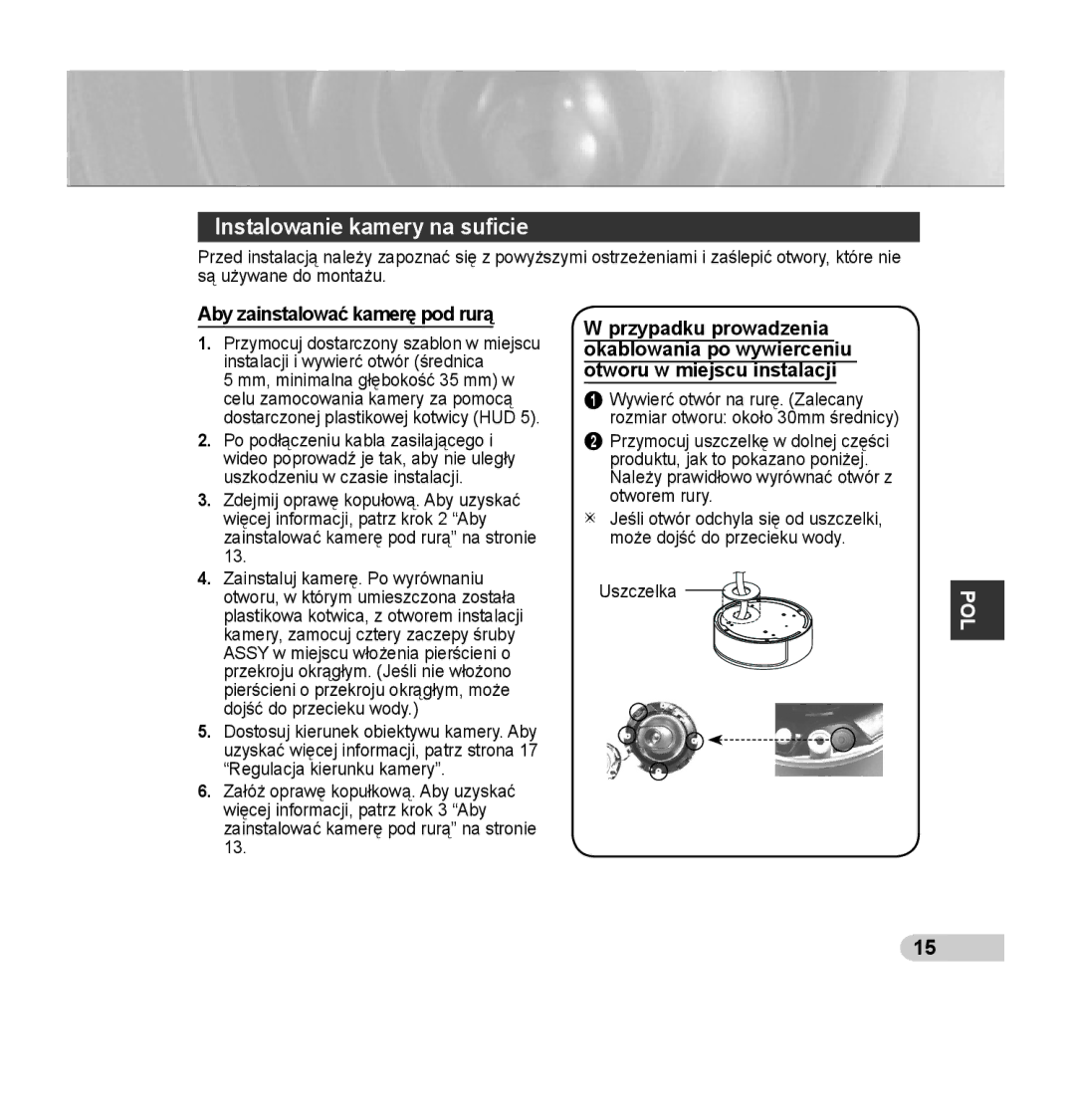 Samsung SCC-B5395N, SCC-B5394P, SCC-B5395P manual Instalowanie kamery na suﬁcie 