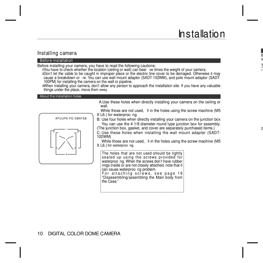 Samsung SCC-B5396P, SCC-B5396N, SCC-B5398N, SCC-B5398P user manual Installation, Installing camera 