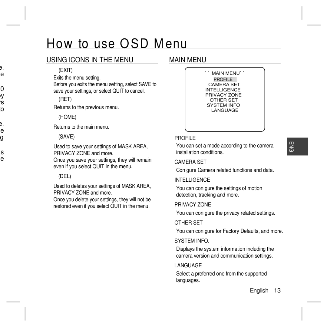 Samsung SCC-B5396N, SCC-B5398N, SCC-B5398P, SCC-B5396P user manual How to use OSD Menu, Using Icons in the Menu, Main Menu 