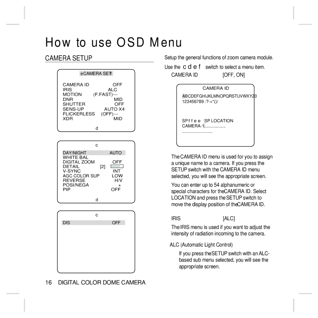 Samsung SCC-B5396P, SCC-B5396N, SCC-B5398N, SCC-B5398P user manual Camera Setup, Camera ID OFF, on, Iris ALC 