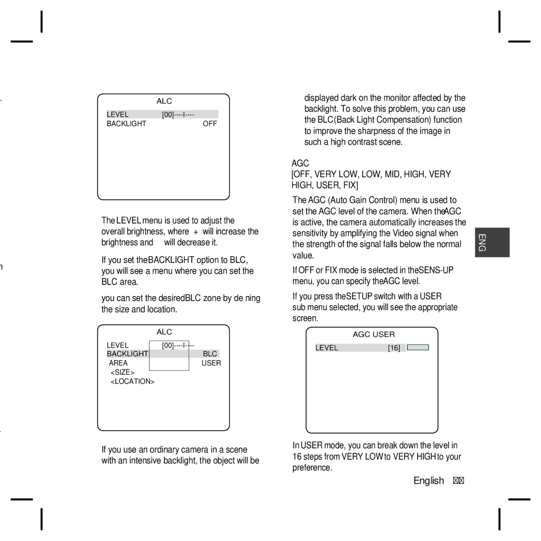 Samsung SCC-B5396N, SCC-B5398 Size and location, AGC OFF, Very LOW, LOW, MID, HIGH, Very HIGH, USER, FIX, Preference 