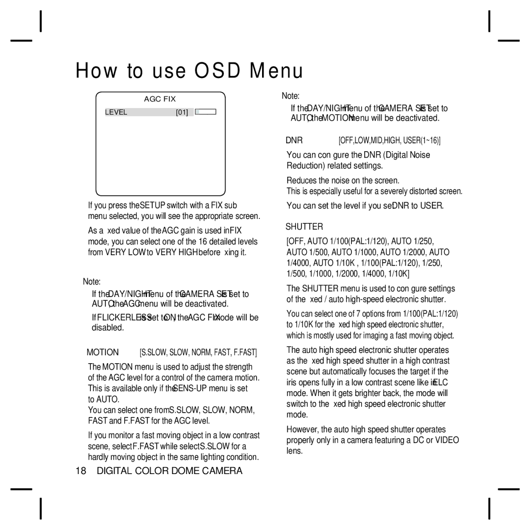 Samsung SCC-B5396N, SCC-B5398N, SCC-B5398P, SCC-B5396P user manual  Note, Dnr, Motion, Shutter 