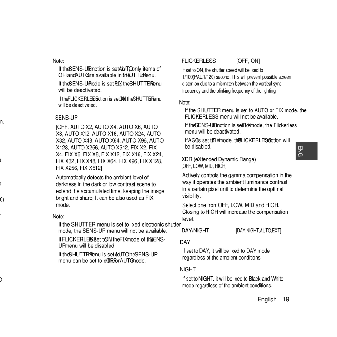 Samsung SCC-B5396N, SCC-B5398N, SCC-B5398P, SCC-B5396P Flickerless, Sens-Up, OFF, Auto X2, Auto X4, Auto X6, Auto, Day 