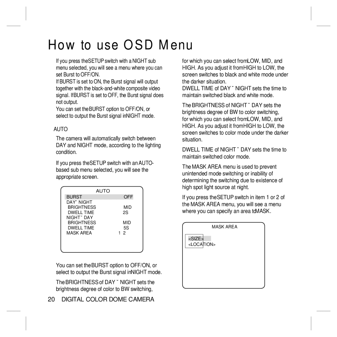 Samsung SCC-B5398N, SCC-B5396N, SCC-B5398P, SCC-B5396P user manual Auto, Mask Area Size Location 