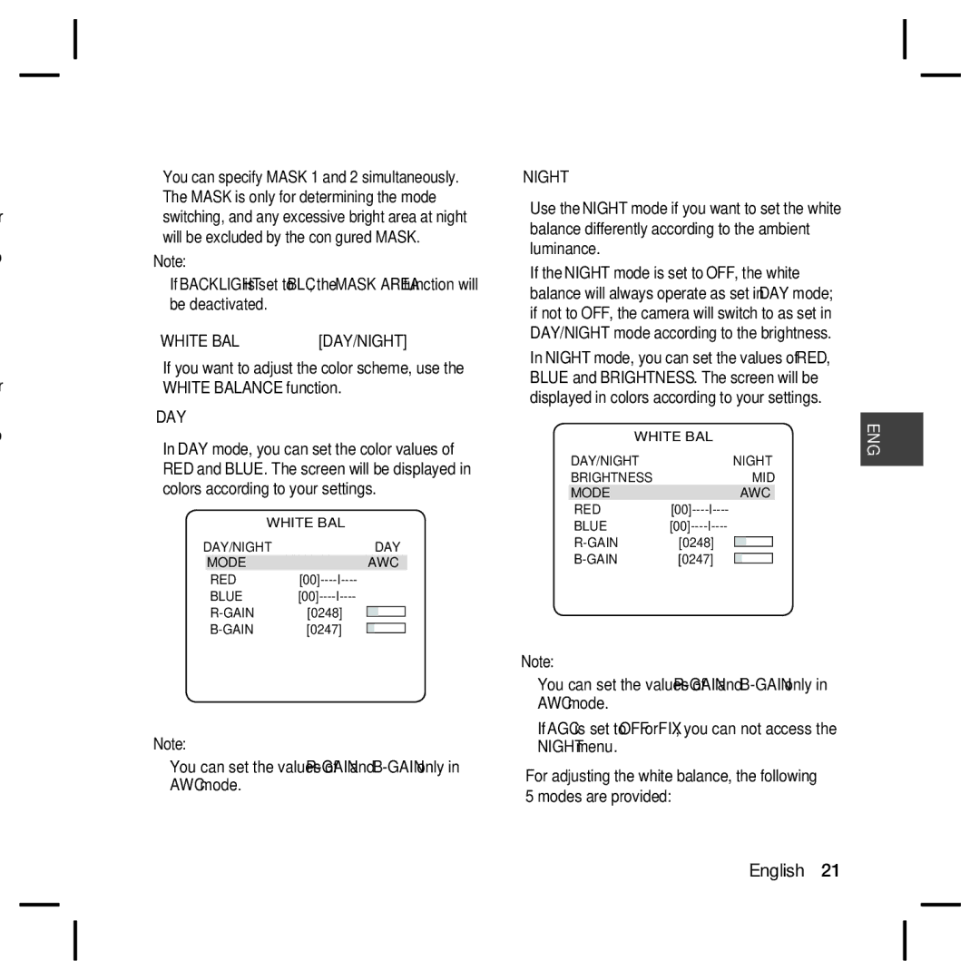 Samsung SCC-B5398P, SCC-B5396N, SCC-B5398N, SCC-B5396P user manual White BAL DAY/NIGHT 