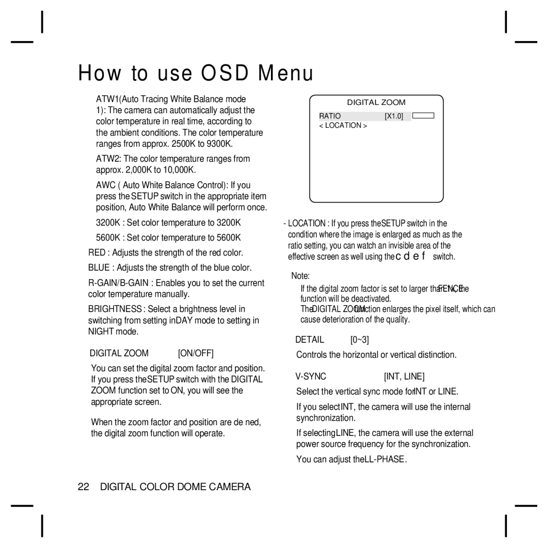 Samsung SCC-B5396P, SCC-B5396N, SCC-B5398N, SCC-B5398P user manual Digital Zoom, You can adjust the LL-PHASE 