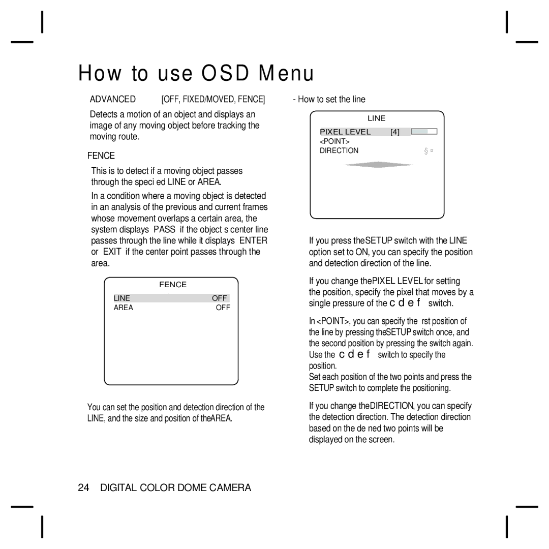 Samsung SCC-B5396N, SCC-B5398N, SCC-B5398P, SCC-B5396P user manual Advanced, Fence, How to set the line 