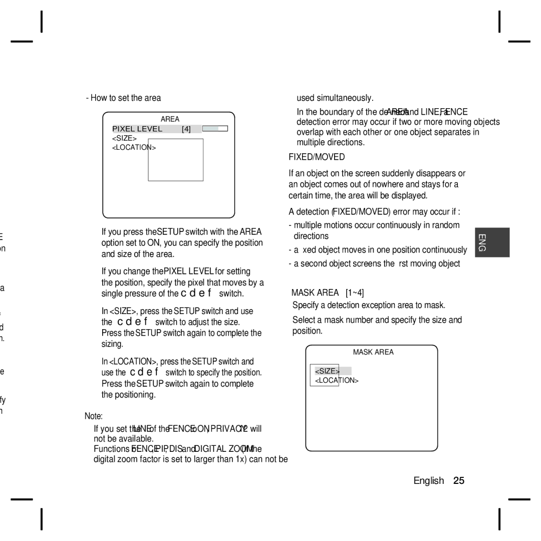 Samsung SCC-B5396N, SCC-B5398N, SCC-B5398P, SCC-B5396P user manual How to set the area, Fixed/Moved 