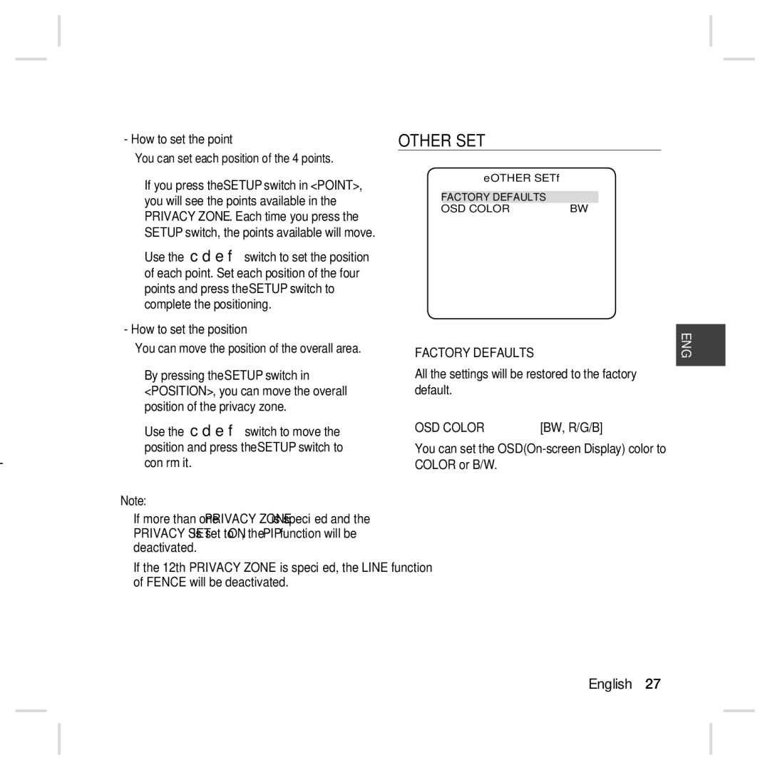 Samsung SCC-B5398P, SCC-B5396N, SCC-B5398N, SCC-B5396P user manual Other SET, Factory Defaults, OSD Color 