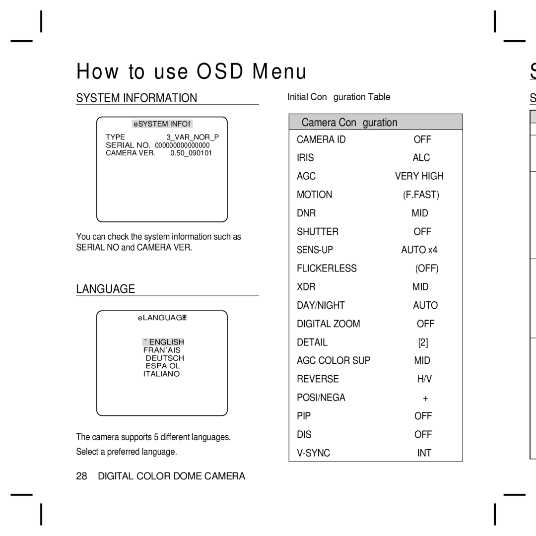 Samsung SCC-B5396P, SCC-B5396N, SCC-B5398N, SCC-B5398P user manual System Information, Language, Fast, Auto 