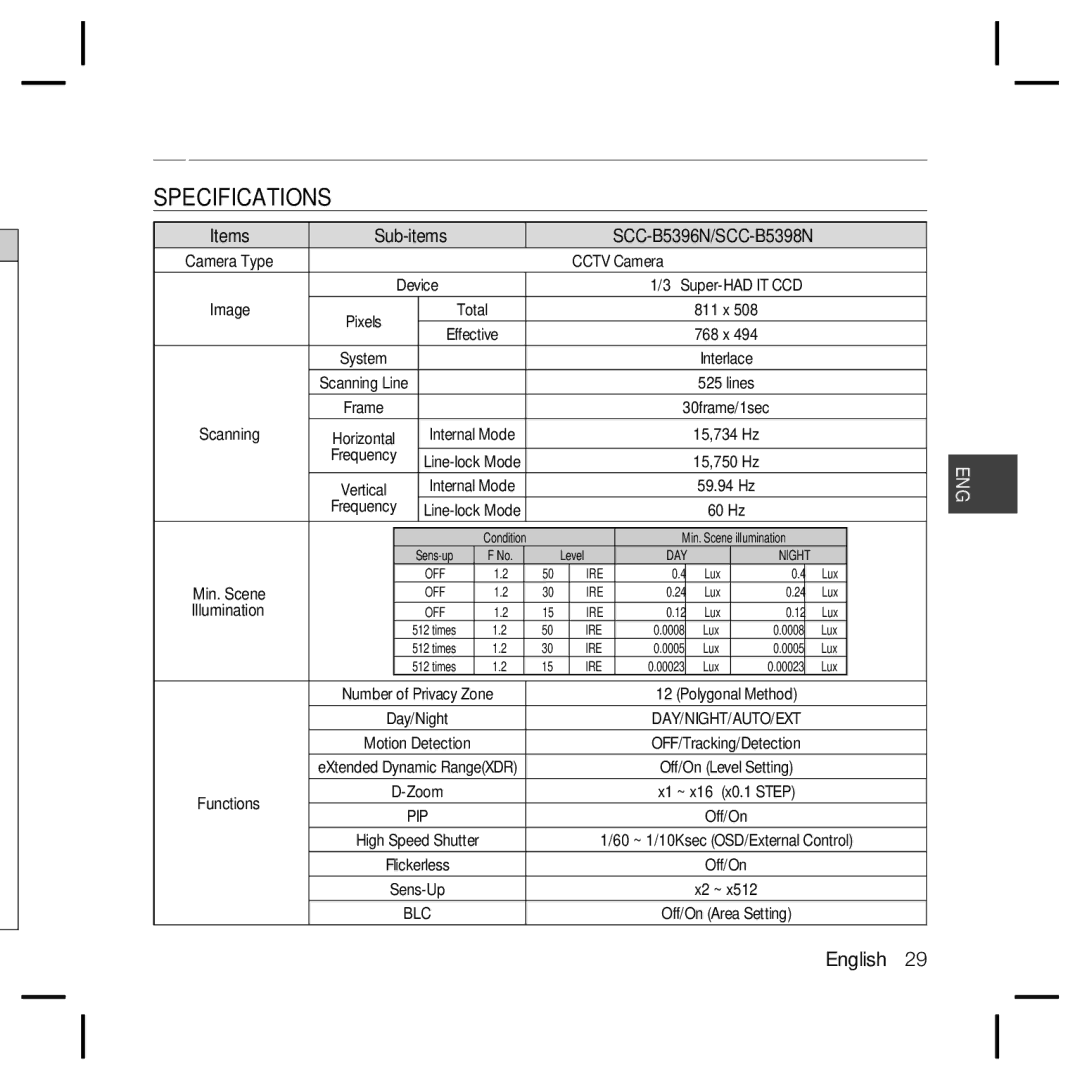 Samsung SCC-B5396N, SCC-B5398N, SCC-B5398P, SCC-B5396P user manual Speciﬁcations, Specifications, 30frame/1sec 