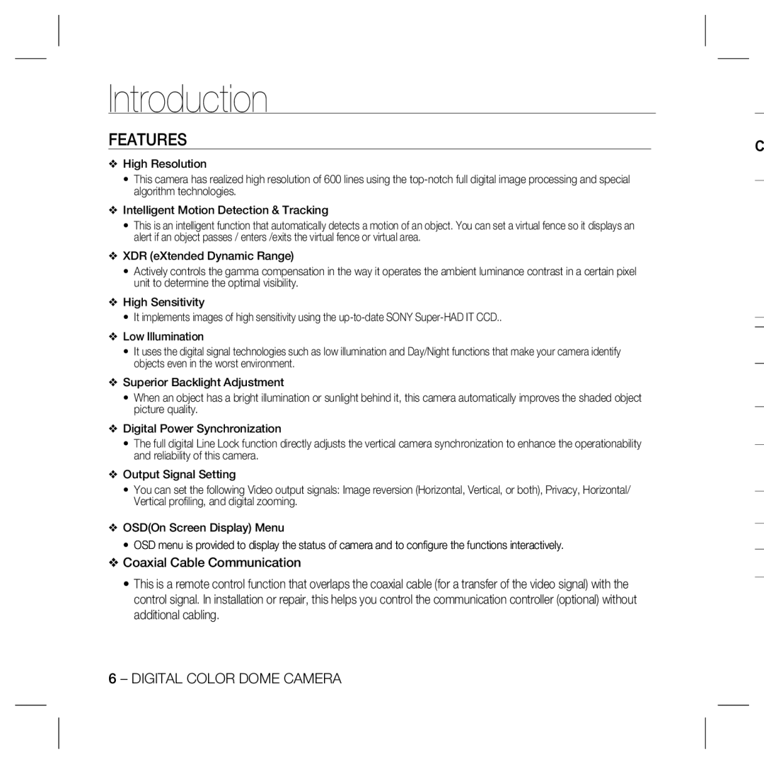 Samsung SCC-B5396N, SCC-B5398N, SCC-B5398P, SCC-B5396P user manual Introduction, Features 