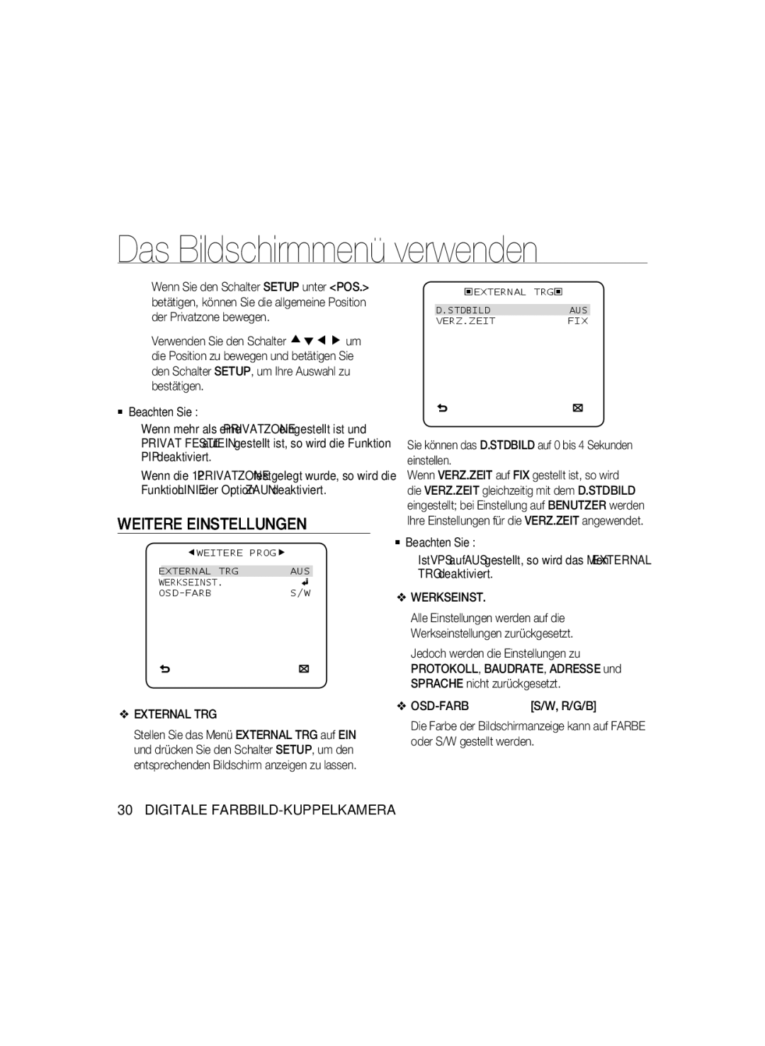 Samsung SCC-B5397P Weitere Einstellungen, External TRG, Sie können das D.STDBILD auf 0 bis 4 Sekunden einstellen, Osd-Farb 