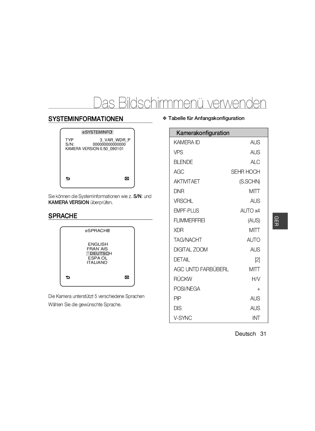 Samsung SCC-B5399P, SCC-B5397P manual Systeminformationen, Sprache, Kamerakonﬁguration 