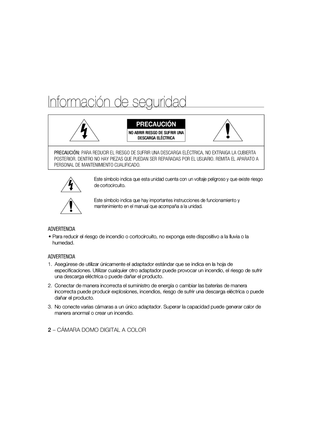 Samsung SCC-B5397P, SCC-B5399P manual Información de seguridad, Advertencia, Cámara Domo Digital a Color 