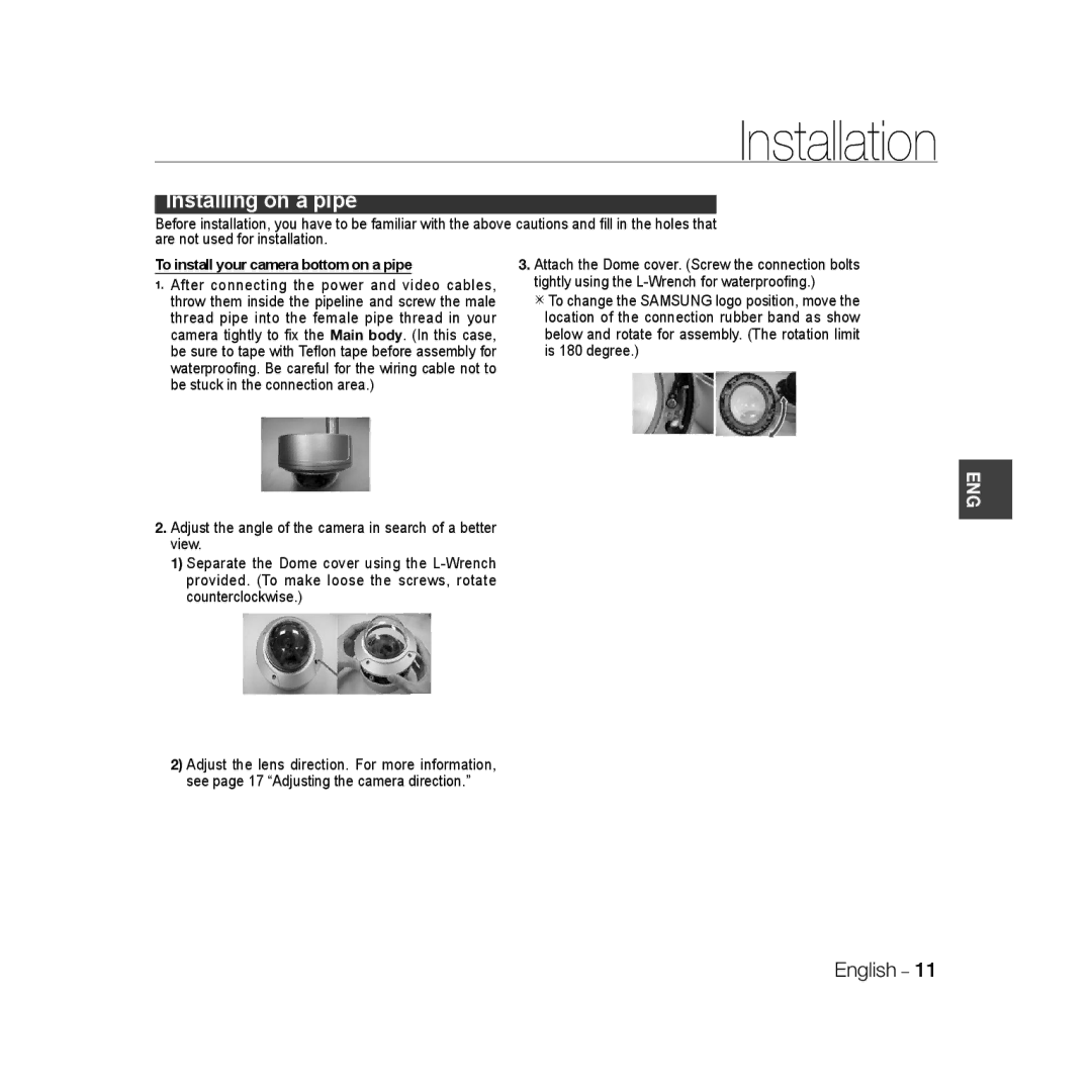 Samsung SCC-B5399P, SCC-B5397P manual Installing on a pipe, To install your camera bottom on a pipe 