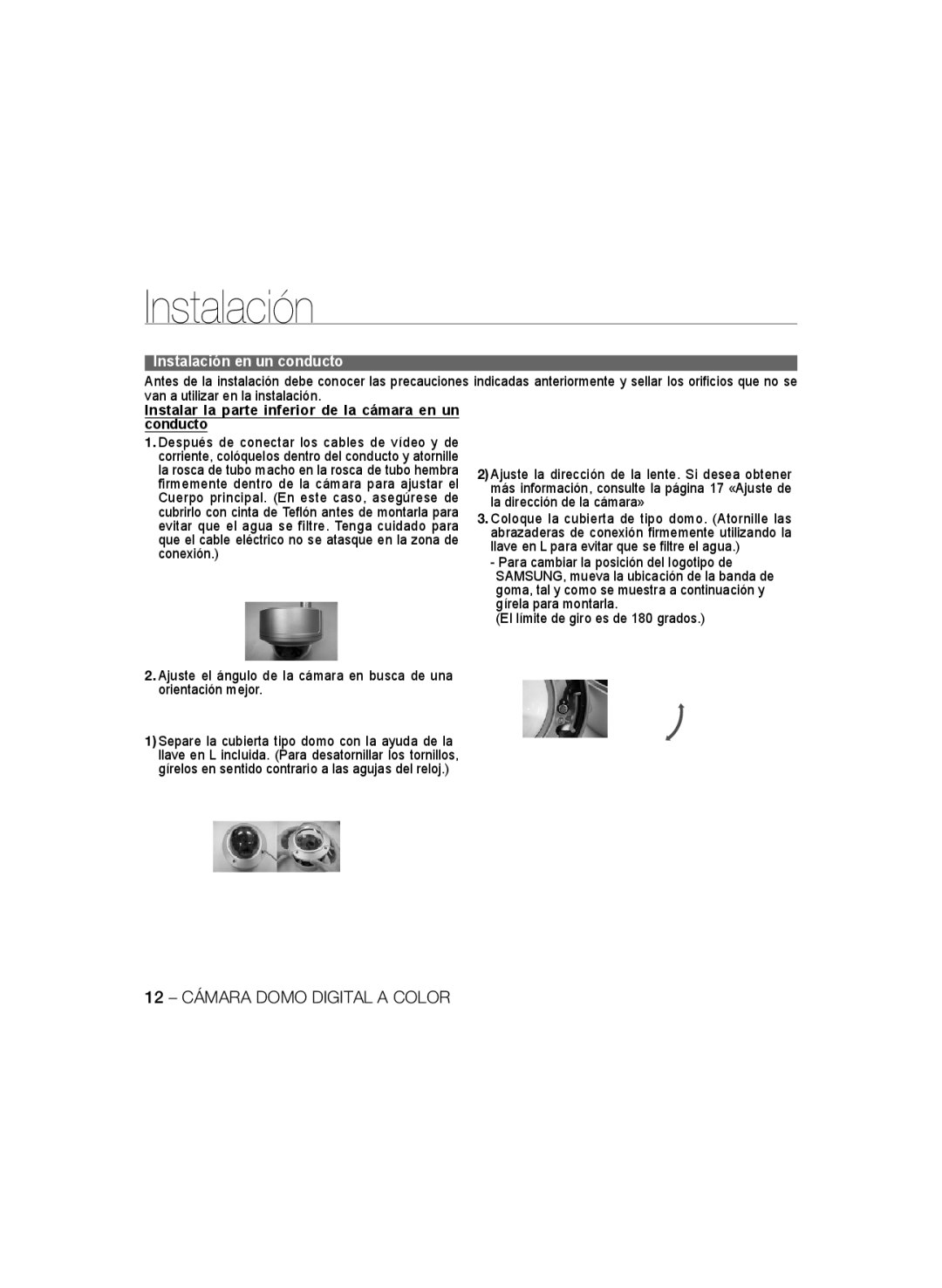 Samsung SCC-B5397P, SCC-B5399P manual 12 Cámara Domo Digital a Color, Instalar la parte inferior de la cámara en un conducto 