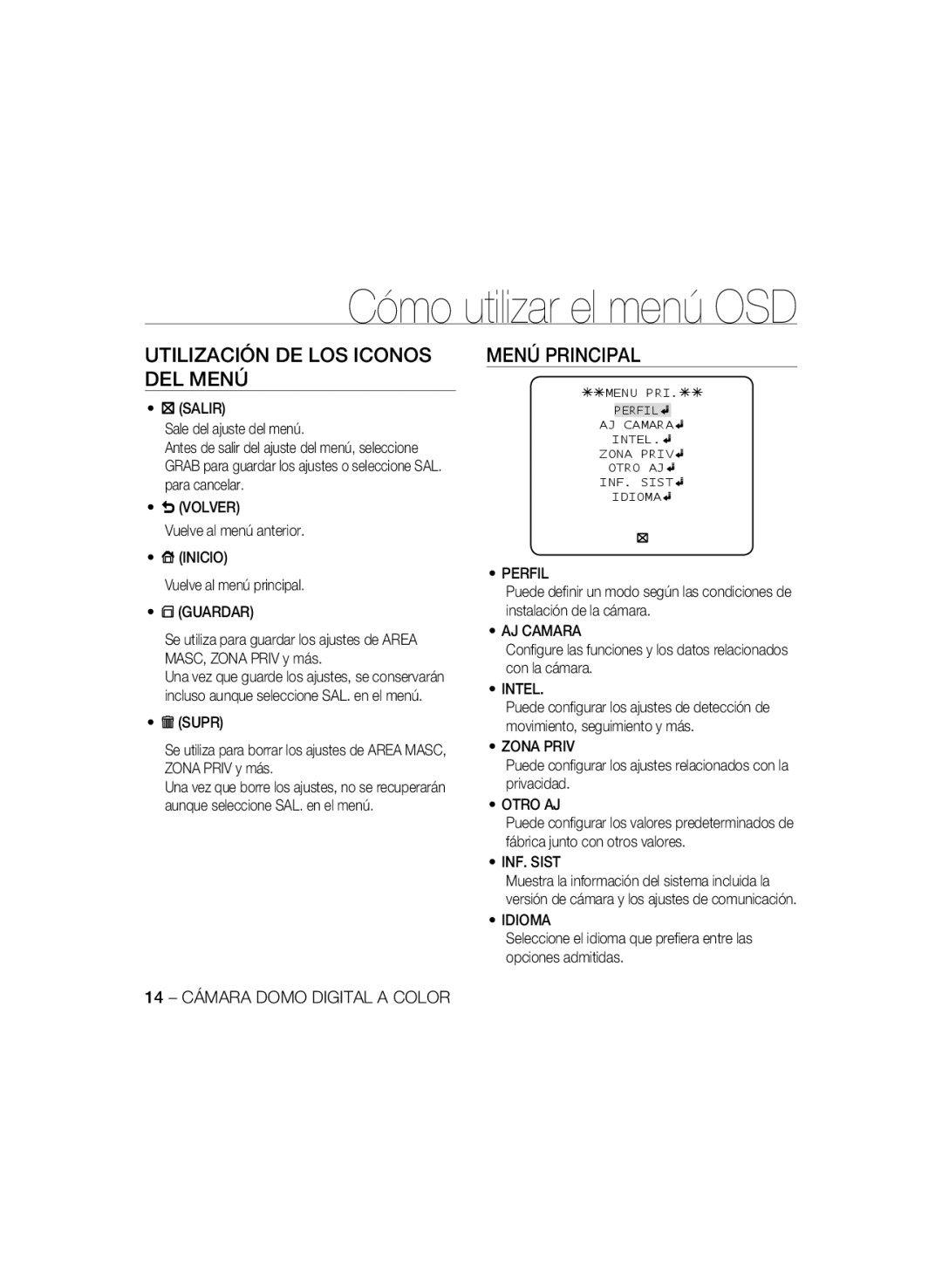 Samsung SCC-B5397P, SCC-B5399P manual Utilización DE LOS Iconos DEL Menú, Menú Principal 