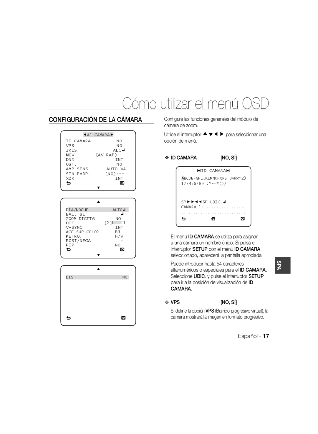 Samsung SCC-B5399P, SCC-B5397P manual Configuración DE LA Cámara, No, Sí, ID Camara 