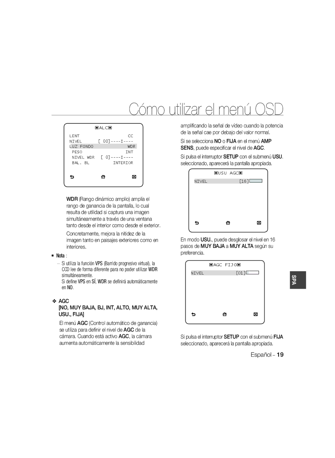 Samsung SCC-B5399P, SCC-B5397P manual Si deﬁne VPS en SÍ, WDR se deﬁnirá automáticamente en no 