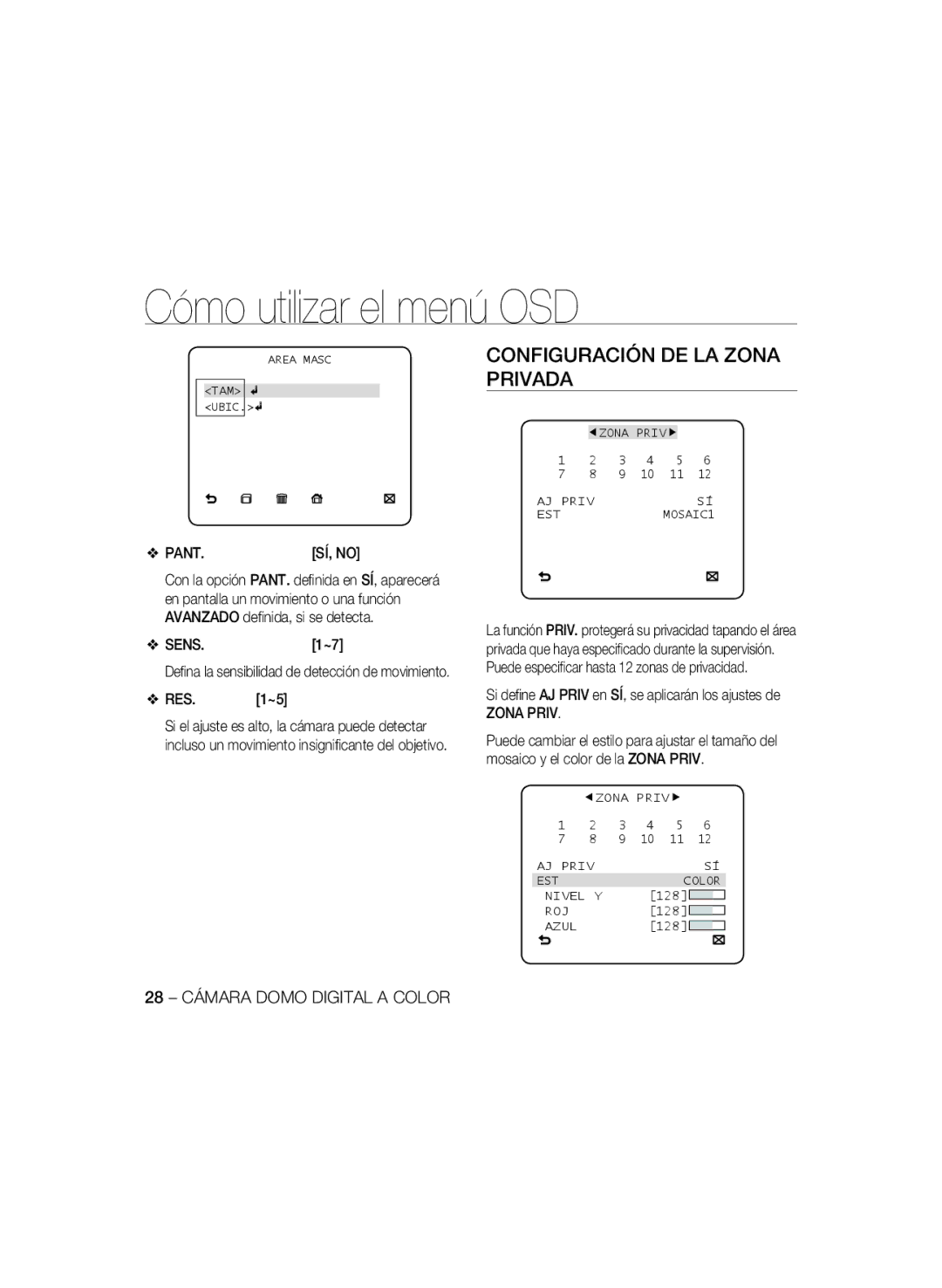 Samsung SCC-B5397P, SCC-B5399P manual Configuración DE LA Zona Privada, Pant, Sens, Res, 28 Cámara Domo Digital a Color 