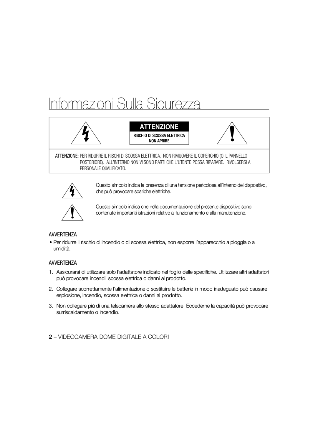 Samsung SCC-B5397P, SCC-B5399P manual Informazioni Sulla Sicurezza, Avvertenza, Videocamera Dome Digitale a Colori 