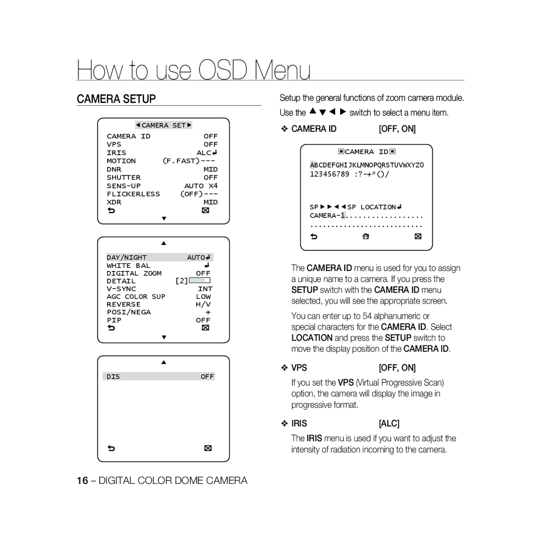 Samsung SCC-B5397P, SCC-B5399P manual OFF, on, Vps, Iris ALC, Camera ID 