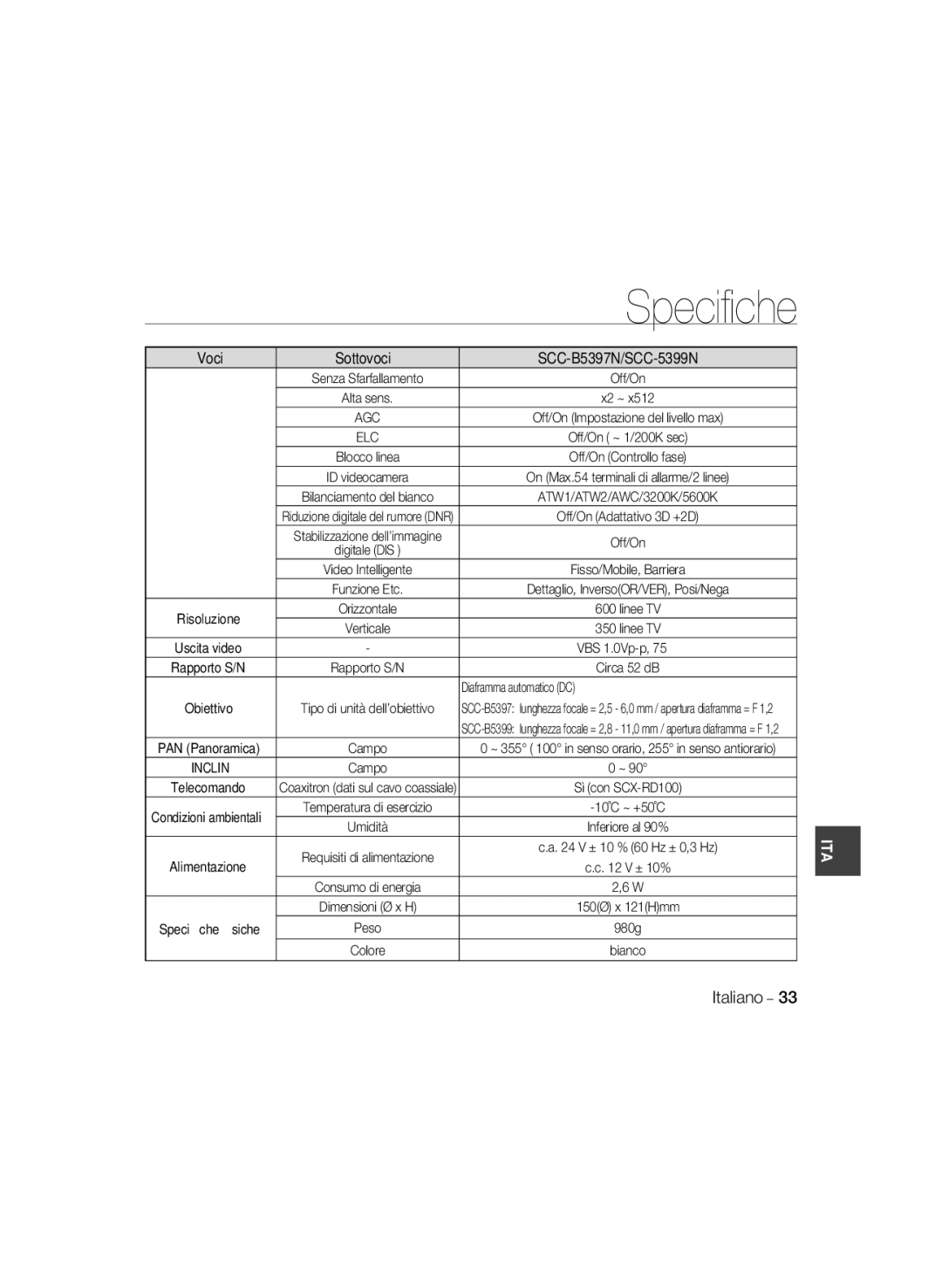 Samsung SCC-B5399P, SCC-B5397P manual Speciﬁche, Voci Sottovoci SCC-B5397N/SCC-5399N 