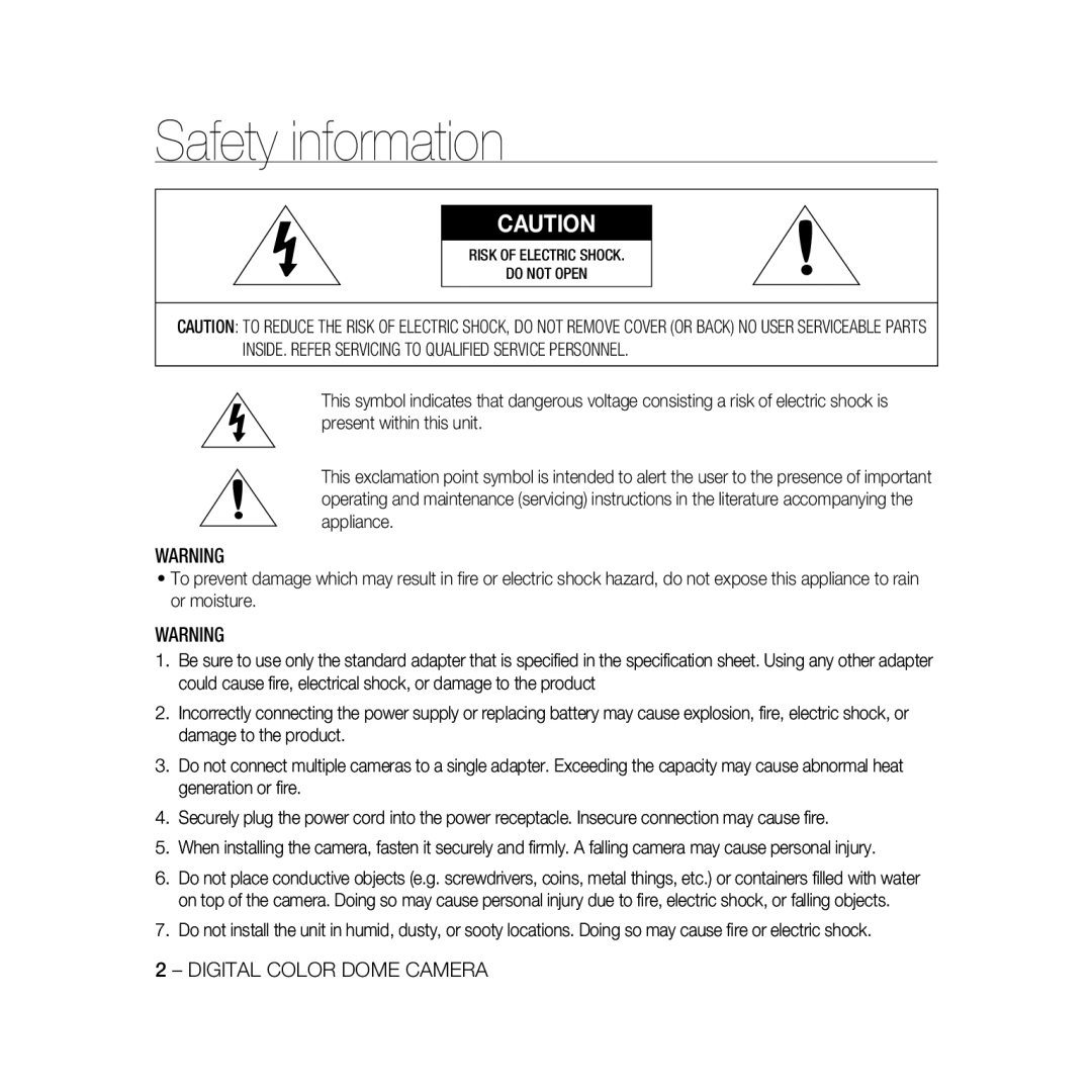 Samsung SCC-B5397P, SCC-B5399P manual Digital Color Dome Camera, Risk of Electric Shock Do not Open 