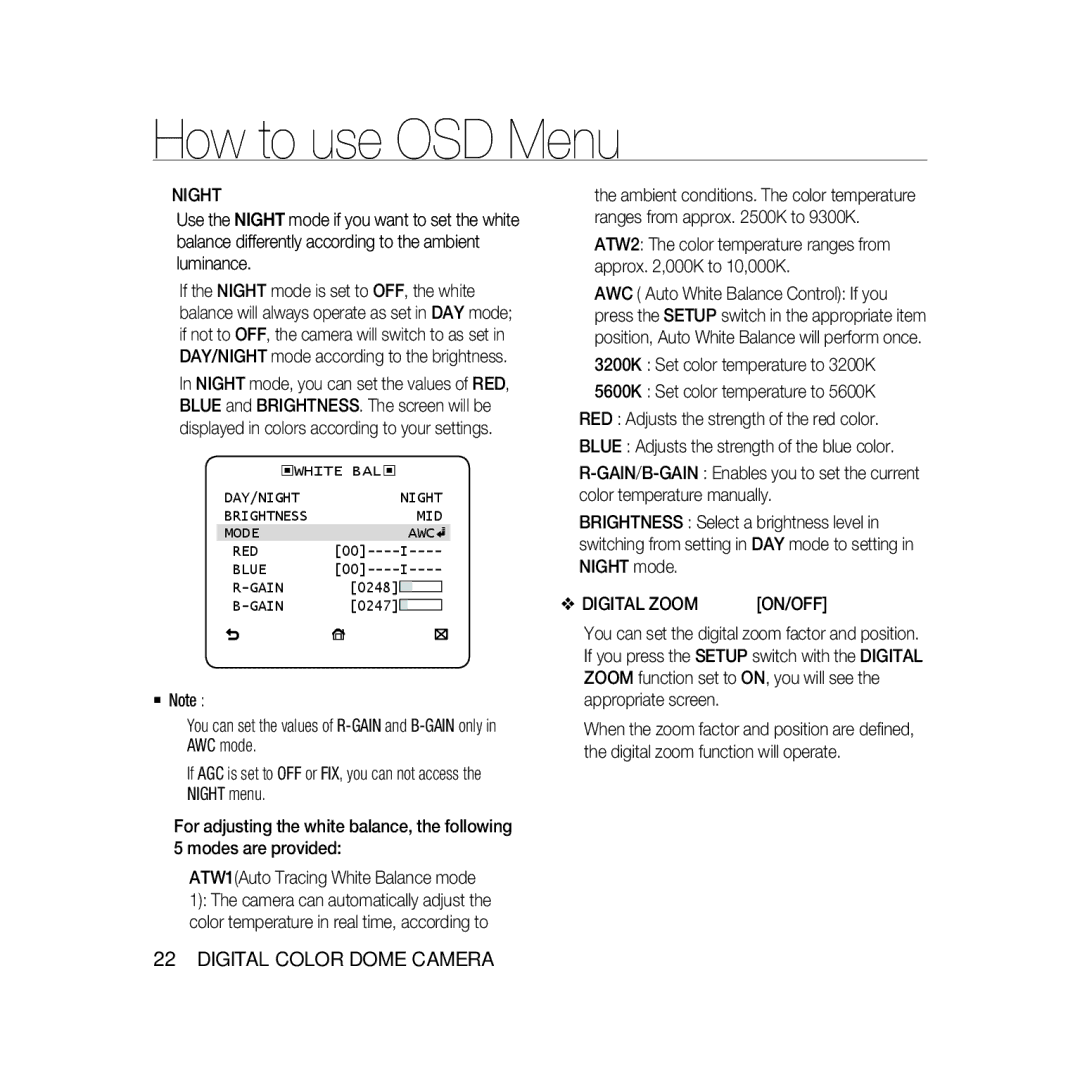 Samsung SCC-B5397P, SCC-B5399P manual Digital Zoom, On/Off 