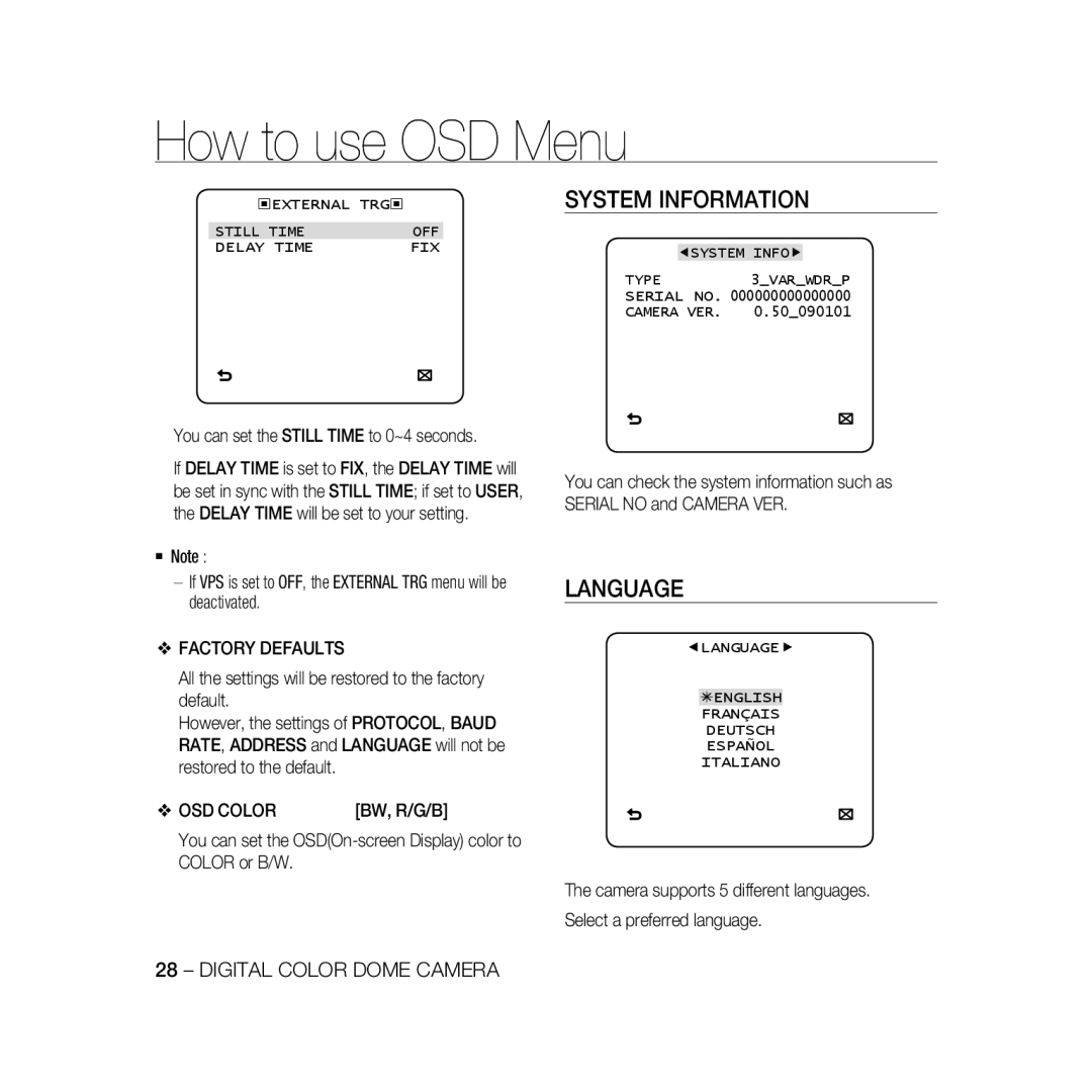 Samsung SCC-B5397P, SCC-B5399P manual You can set the Still Time to 0~4 seconds, Factory Defaults, OSD Color, Bw, R/G/B 