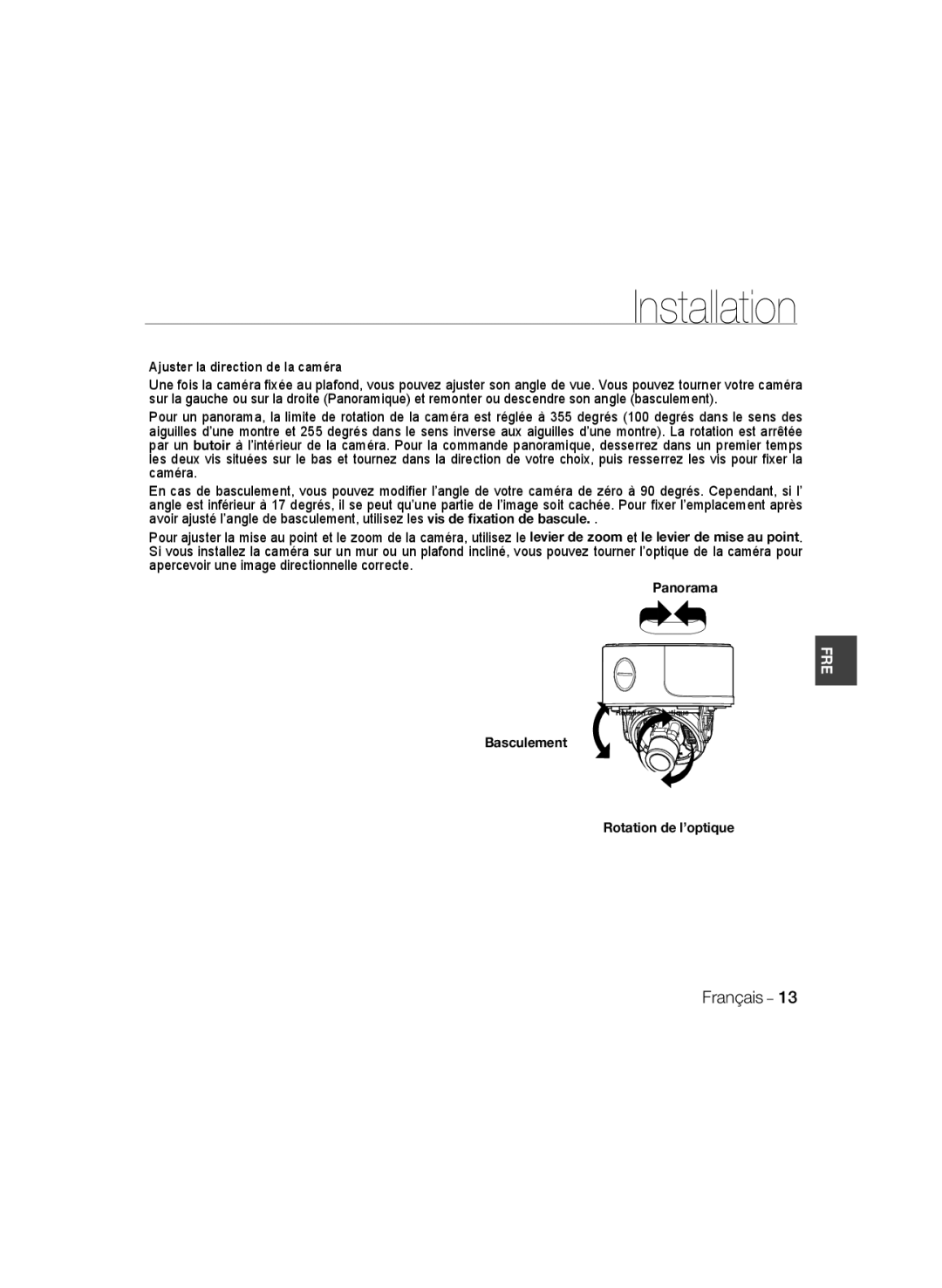 Samsung SCC-B5399P, SCC-B5397P manual Ajuster la direction de la caméra, Panorama, Basculement Rotation de l’optique 