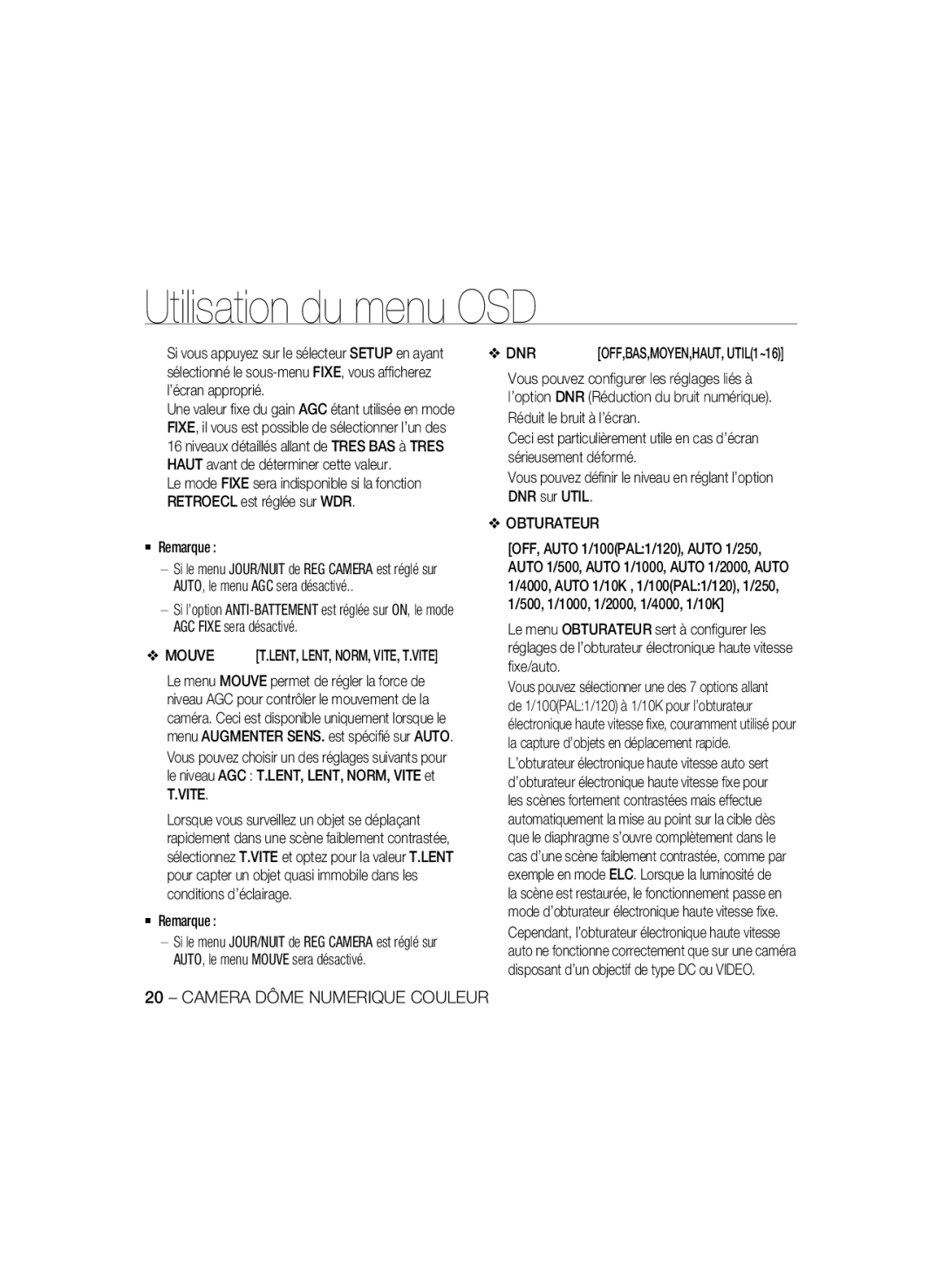 Samsung SCC-B5397P, SCC-B5399P manual Mouve, Dnr, Obturateur 