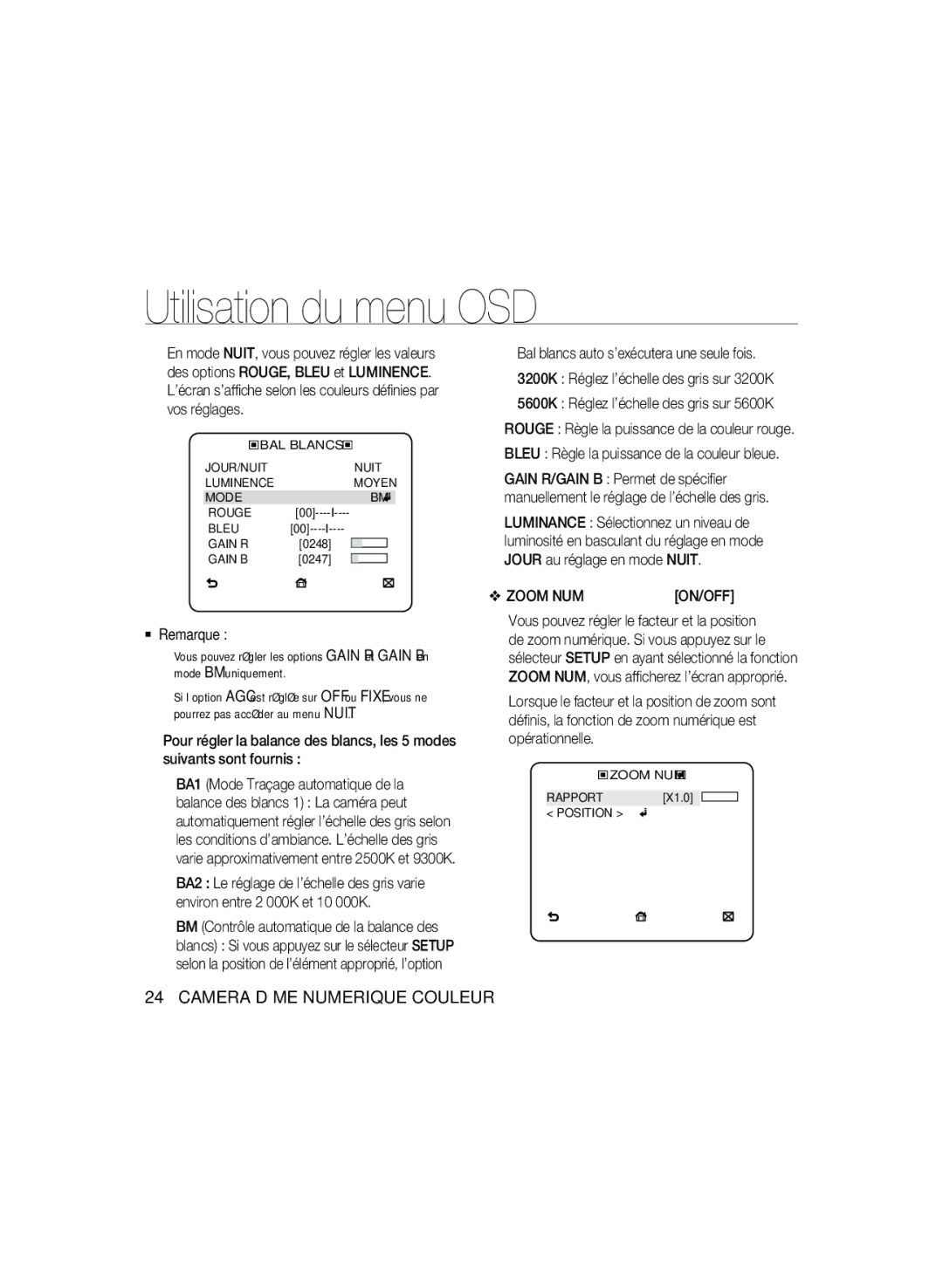 Samsung SCC-B5397P, SCC-B5399P manual Bleu Règle la puissance de la couleur bleue, Zoom NUM 